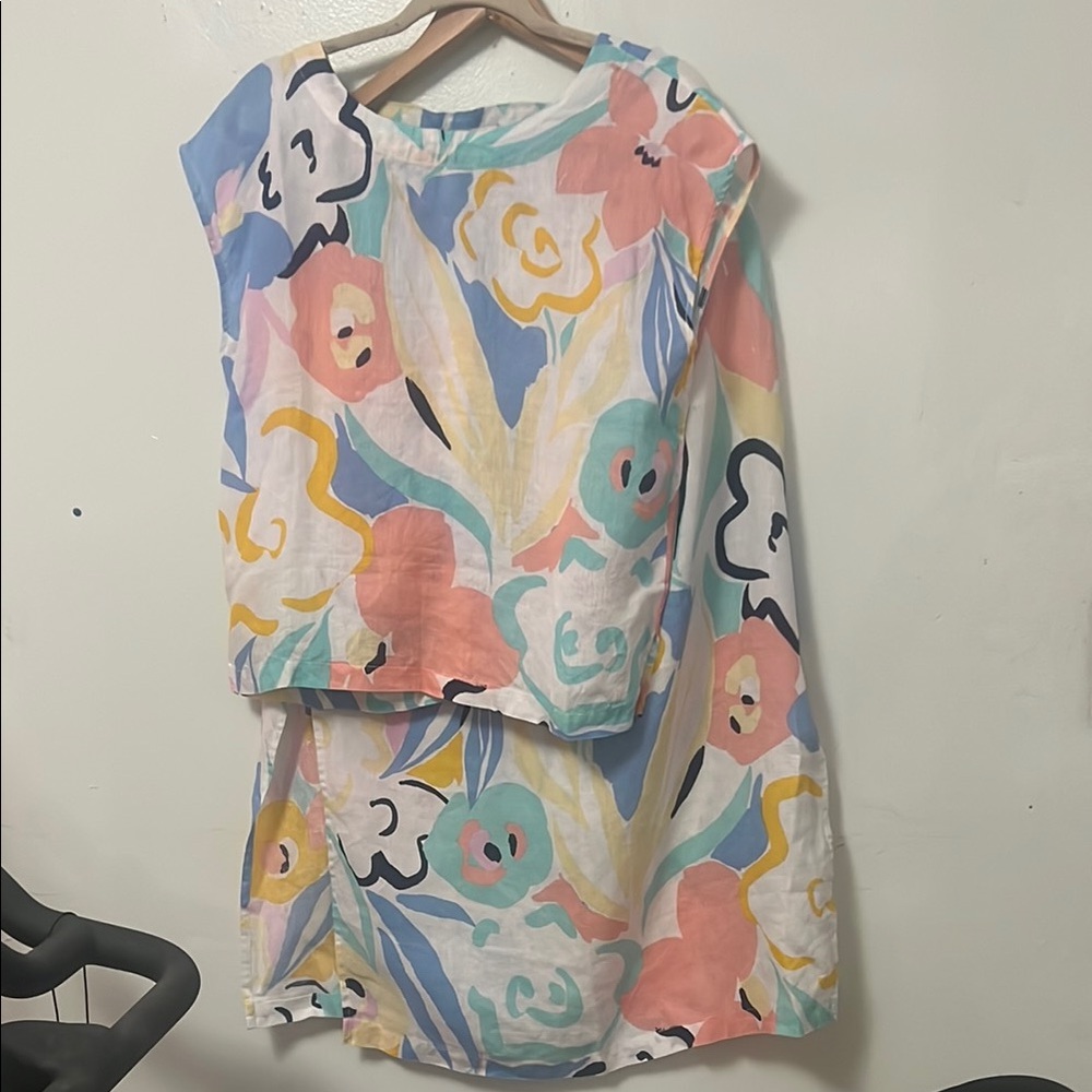 RACHEL ZOE COLORFUL FLORAL SLEEVELESS 100% LINEN SKIRTSUIT SIZE M